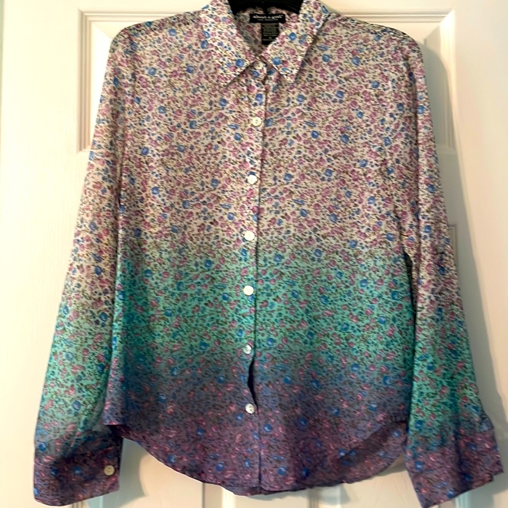 About a girl, Medium button down shirt. Purple, teal, white with flowers.